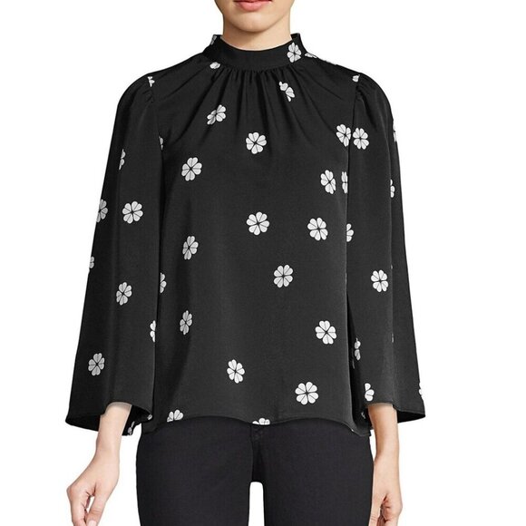 Kate Spade Blouse Womens Black Mock Neck Floral Puff Bell Sleeve Crepe Top - Picture 10 of 10